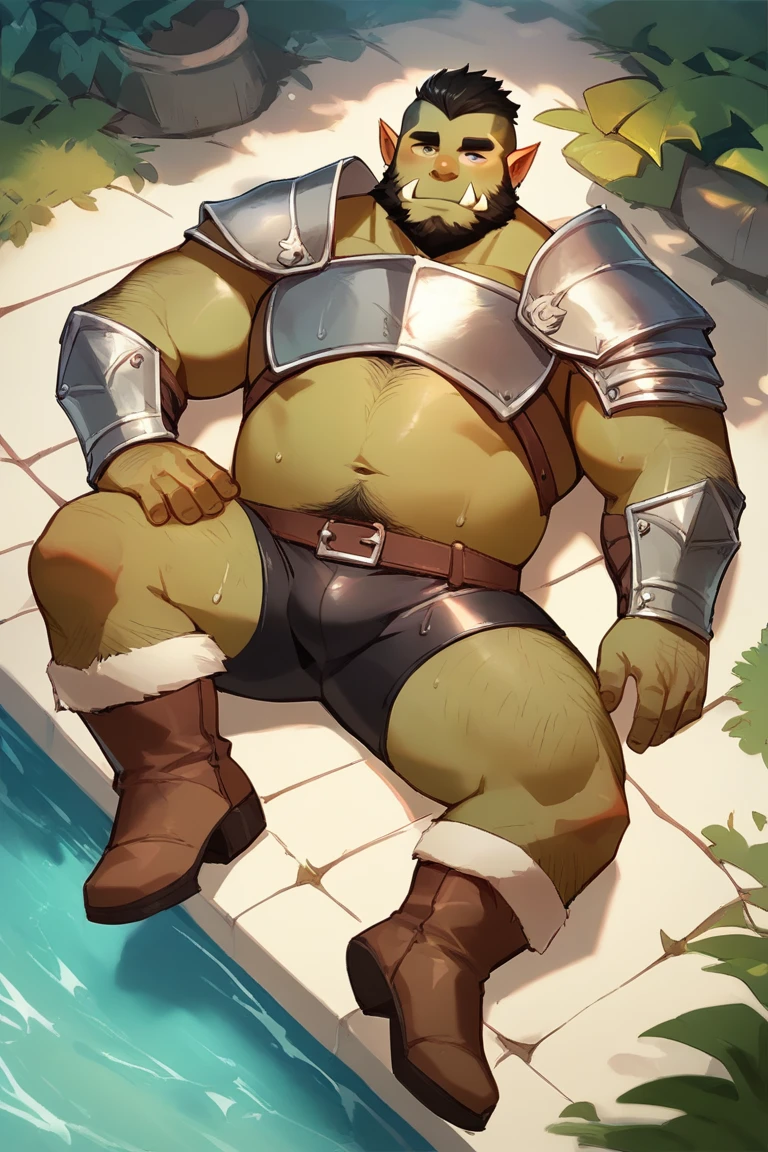 score_9, score_8_up, score_7_up, solo, male focus, chubby male, orc, green skin, tusks, beard, outdoors, micro armor , shoulder armor, breastplate, upper body , pauldrons, day, boots ,  (( black tight shorts )) , full body , laying spread legs , His body was wet with cum