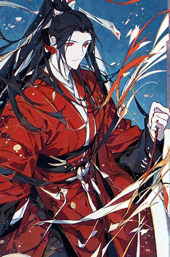 male, man, handsome, japanese, samurai, kimono, red and black, bright red eyes, long black hair in ponytail, red black designed mask covering nose and mouth, earrings dangling, sharp almond eyes, serious, tall, baggy pants, long boots, black and red theme