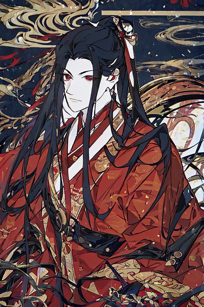 male, man, handsome, japanese, samurai, kimono, red and black, bright red eyes, long black hair in ponytail, red black designed mask covering nose and mouth, earrings dangling, sharp almond eyes, serious, tall, baggy pants, long boots, black and red theme