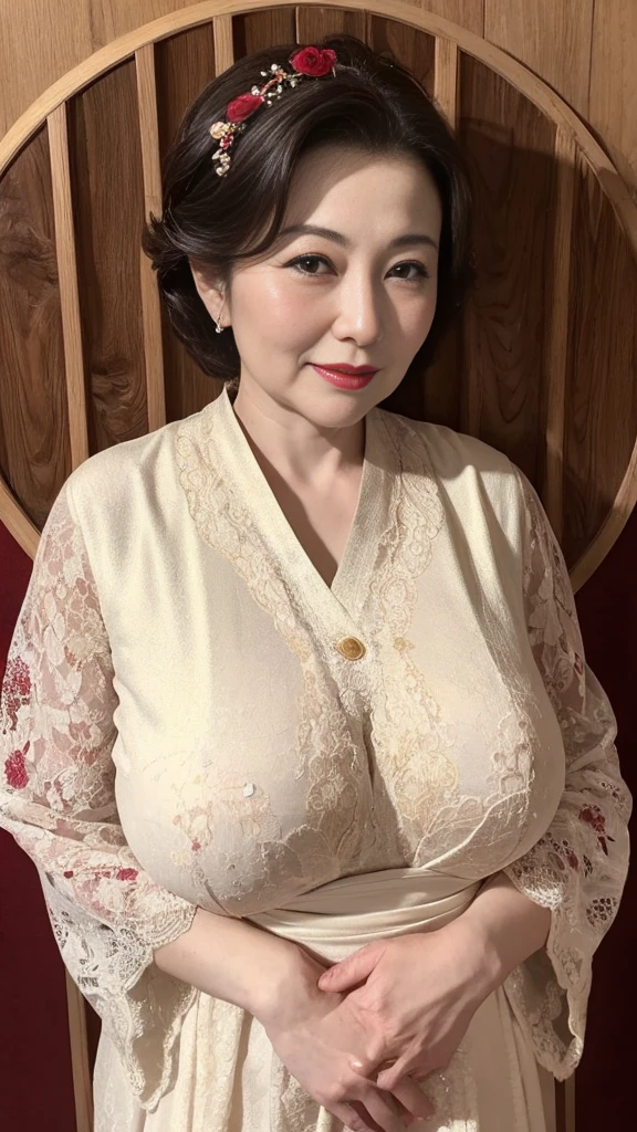 Mature Woman, Kawase Hasui, Japanese painting gravure, senior citizen, Draw lips correctly, Red lipstick, No discomfort, 16K, Highest quality, Very detailed, Realistic, Very detailed肌, (Chinese), alone, Large Breasts, Mature Madam, Glamour, sexy, Chromo White Skin, Staring straight ahead,