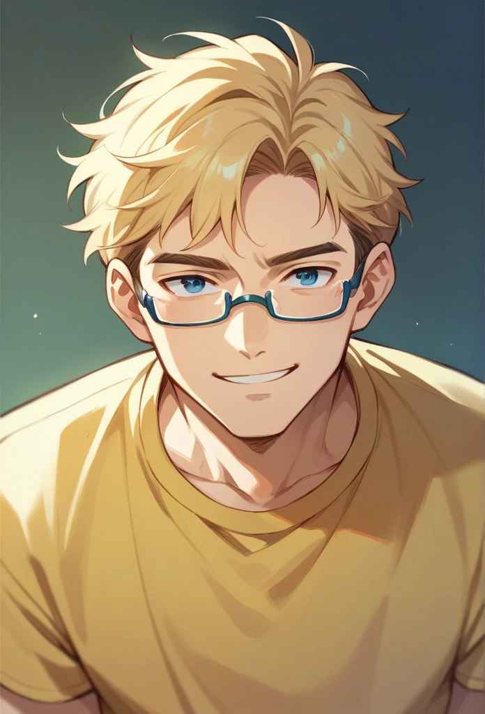 anime character, young man, mature, naughty , good shape, yellow shirt, smiling, staring forward. blonde hair, blue eyes, with glasses 