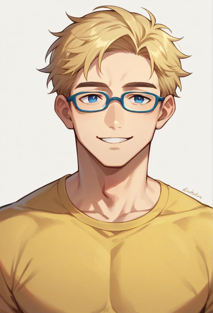 anime character, young man, mature, naughty , good shape, yellow shirt, smiling, staring forward. blonde hair, blue eyes, with glasses 