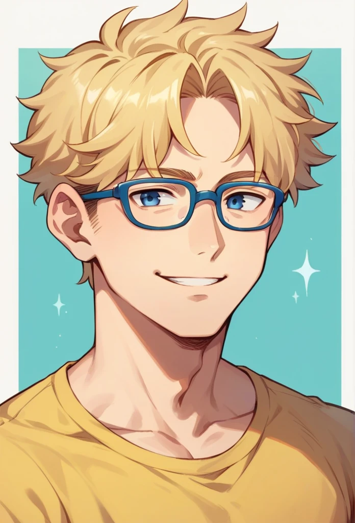 anime character, young man, mature, naughty , good shape, yellow shirt, smiling, staring forward. blonde hair, blue eyes, with glasses