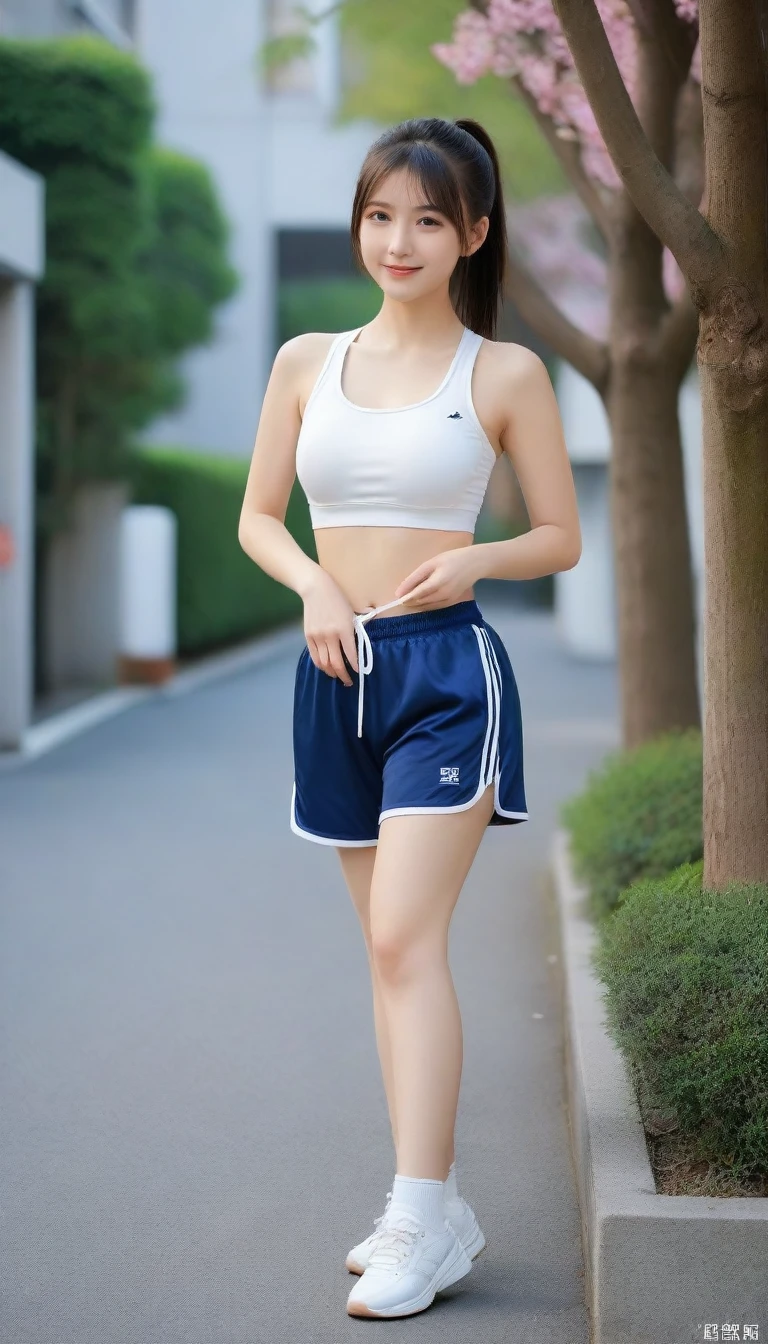8k, Ultra-high resolution, Highest quality, masterpiece, 三分割法によるphotograph,Surreal, photograph, 1 Girl, (16 years old:1.3), pretty girl, Cute Face, Beautiful eyes in every detail, 細かくdetailedに,masterpiece,One Girl:1.2, Japan Female Announcer,full body,smile,Black Hair,Short ponytail,street tree,Urban area,Young Wife,healthy,Sports Bra,Bra Top,Jogging pants,Natural Makeup,sneakers,Tying shoelaces,Beautiful leg line beauty,Realistic Skin, Perfect and beautiful face ,完璧でCute Face, Skin with attention to detail, Perfect limbs、Narrow waist、Thin legs),Looking at the audience、beauty,Long neck、(((Ideal body type))),A cup small breasts :2,Portraiture:2,Perfect Anatomy,鮮明なdetailed,detailed,Surreal,Light and shadow,bloom
