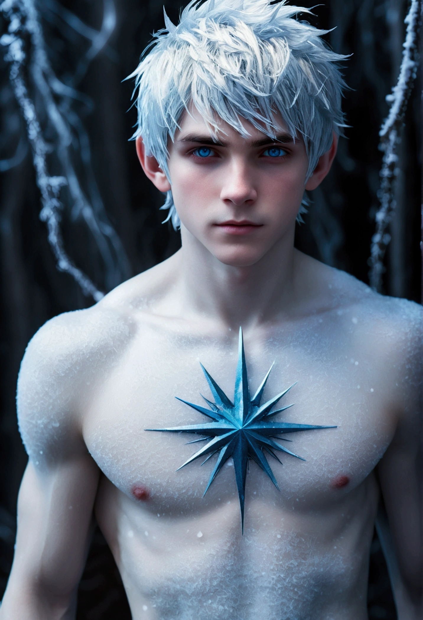 (Jack Frost: 1.6), quarter body shots young man, 18 years old, milk white skin, blue eyes, white hair, shirtless, 6-pax abs, (full body shot), young boy, 18 years old, beutiful, perfect, milk white skin, slim body, very detailed blue eyes, very pale skin, barefoot in a snow forest, winter. (masterpiece:1.4, best quality), (intricate detail), Unity 8k wallpaper, Ultra Detailed, (abstract art:1.2), (Anato Finnstark style:1.3), boy from ther dimension, a symphony of iridescent colors merging and shifting seamlessly, dynamic pose with rotating patterns of energy around you, a mix of determination and serenity in his expression, a general feeling of transcendence and exploration, consumed by inner darkness, empty waiting you, (Beautiful cosmic eyes), perfect lighting, perfect shading, (Chi face)