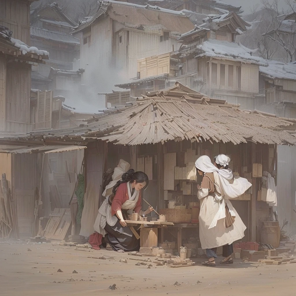 A painting of a man and woman in white robes standing in front of a hut, Beautiful artwork illustration, concept art scene, Oriental landscapes, Atmospheric. Digital Painting, Concept Painting, Concept Art Digital Illustration, by Han Gan, market, Background Art, illustration concept art, Inspired by Carl Spitzweg, Detailed Scene, Illustration Matte Painting, Painterly concept art Blazing flames, fire, crowd, throng, freezing, mother warming her baby.Scenery and Cityscape in the Early Meiji Era After the Meiji Restoration, Japan underwent rapid modernization and civilization. Consequently, many changes and reforms occurred. Below is a detailed explanation of the scenery, appearance of the poor, occupations, and cityscapes in the early Meiji period (1868 to the early 1880s). 2. Appearance of the Poor Life for the impoverished and lower classes remained harsh. In particular, in urban areas, people migrated from rural areas or unemployed artisans gathered, intensifying competition in the labor market. Many of them struggled with poverty, often residing in slums or around temples. 3. Occupations Meiji early Japan witnessed a diversification of occupations. Traditional agriculture and handicrafts were accompanied by the rise of modern industry and commerce. Particularly in urban areas, factory workers, shop clerks, and transporters increased, giving rise to new professions. However, many in these occupations endured harsh working conditions. 4. Influence of Civilization and Enlightenment During the Meiji era, Western cultural influences spread rapidly. Changes in clothing, dietary habits, and the proliferation of Western-style architecture advanced, especially in urban areas. Conversely, this development posed a threat to traditional culture and lifestyles, resulting in societal upheaval and adaptation challenges. 5. Social Change and Policy Influence While promoting modernization policies, the government also addressed poverty and social issues. Legislation for labor protection and charitable activities to aid the poor were implemented. Nevertheless, living conditions for the impoverished scarcely improved. The early Meiji period marked a 