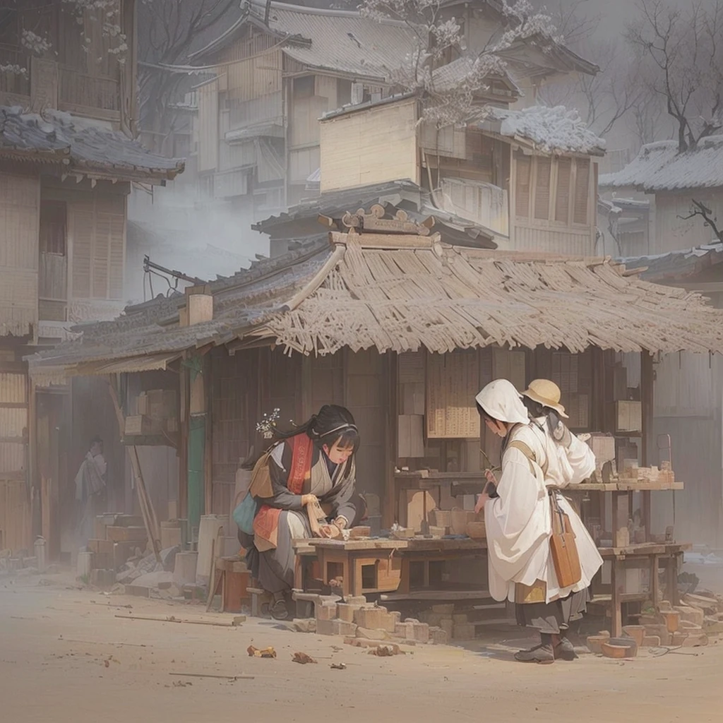 A painting of a man and woman in white robes standing in front of a hut, Beautiful artwork illustration, concept art scene, Oriental landscapes, Atmospheric. Digital Painting, Concept Painting, Concept Art Digital Illustration, by Han Gan, market, Background Art, illustration concept art, Inspired by Carl Spitzweg, Detailed Scene, Illustration Matte Painting, Painterly concept art Blazing flames, fire, crowd, throng, freezing, mother warming her baby.Scenery and Cityscape in the Early Meiji Era After the Meiji Restoration, Japan underwent rapid modernization and civilization. Consequently, many changes and reforms occurred. Below is a detailed explanation of the scenery, appearance of the poor, occupations, and cityscapes in the early Meiji period (1868 to the early 1880s). 2. Appearance of the Poor Life for the impoverished and lower classes remained harsh. In particular, in urban areas, people migrated from rural areas or unemployed artisans gathered, intensifying competition in the labor market. Many of them struggled with poverty, often residing in slums or around temples. 3. Occupations Meiji early Japan witnessed a diversification of occupations. Traditional agriculture and handicrafts were accompanied by the rise of modern industry and commerce. Particularly in urban areas, factory workers, shop clerks, and transporters increased, giving rise to new professions. However, many in these occupations endured harsh working conditions. 4. Influence of Civilization and Enlightenment During the Meiji era, Western cultural influences spread rapidly. Changes in clothing, dietary habits, and the proliferation of Western-style architecture advanced, especially in urban areas. Conversely, this development posed a threat to traditional culture and lifestyles, resulting in societal upheaval and adaptation challenges. 5. Social Change and Policy Influence While promoting modernization policies, the government also addressed poverty and social issues. Legislation for labor protection and charitable activities to aid the poor were implemented. Nevertheless, living conditions for the impoverished scarcely improved. The early Meiji period marked a 