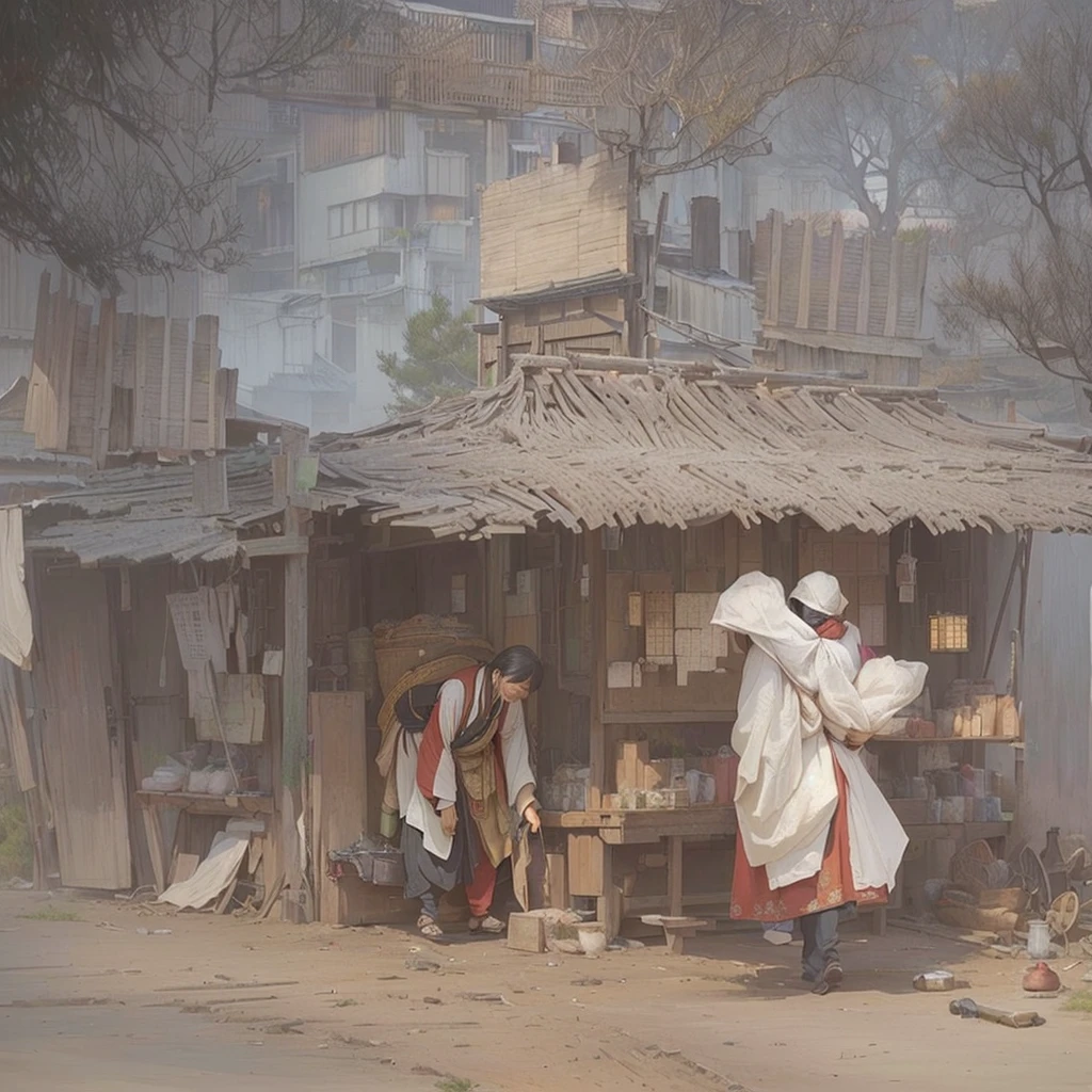 A painting of a man and woman in white robes standing in front of a hut, Beautiful artwork illustration, concept art scene, Oriental landscapes, Atmospheric. Digital Painting, Concept Painting, Concept Art Digital Illustration, by Han Gan, market, Background Art, illustration concept art, Inspired by Carl Spitzweg, Detailed Scene, Illustration Matte Painting, Painterly concept art Blazing flames, fire, crowd, throng, freezing, mother warming her baby.Scenery and Cityscape in the Early Meiji Era After the Meiji Restoration, Japan underwent rapid modernization and civilization. Consequently, many changes and reforms occurred. Below is a detailed explanation of the scenery, appearance of the poor, occupations, and cityscapes in the early Meiji period (1868 to the early 1880s). 2. Appearance of the Poor Life for the impoverished and lower classes remained harsh. In particular, in urban areas, people migrated from rural areas or unemployed artisans gathered, intensifying competition in the labor market. Many of them struggled with poverty, often residing in slums or around temples. 3. Occupations Meiji early Japan witnessed a diversification of occupations. Traditional agriculture and handicrafts were accompanied by the rise of modern industry and commerce. Particularly in urban areas, factory workers, shop clerks, and transporters increased, giving rise to new professions. However, many in these occupations endured harsh working conditions. 4. Influence of Civilization and Enlightenment During the Meiji era, Western cultural influences spread rapidly. Changes in clothing, dietary habits, and the proliferation of Western-style architecture advanced, especially in urban areas. Conversely, this development posed a threat to traditional culture and lifestyles, resulting in societal upheaval and adaptation challenges. 5. Social Change and Policy Influence While promoting modernization policies, the government also addressed poverty and social issues. Legislation for labor protection and charitable activities to aid the poor were implemented. Nevertheless, living conditions for the impoverished scarcely improved. The early Meiji period marked a