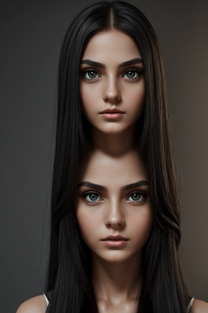 create a realistic image of a girl with long hair, black color, straight; with a not so thin face, with big eyes and a deep and lost look, not so upturned nose and medium lips