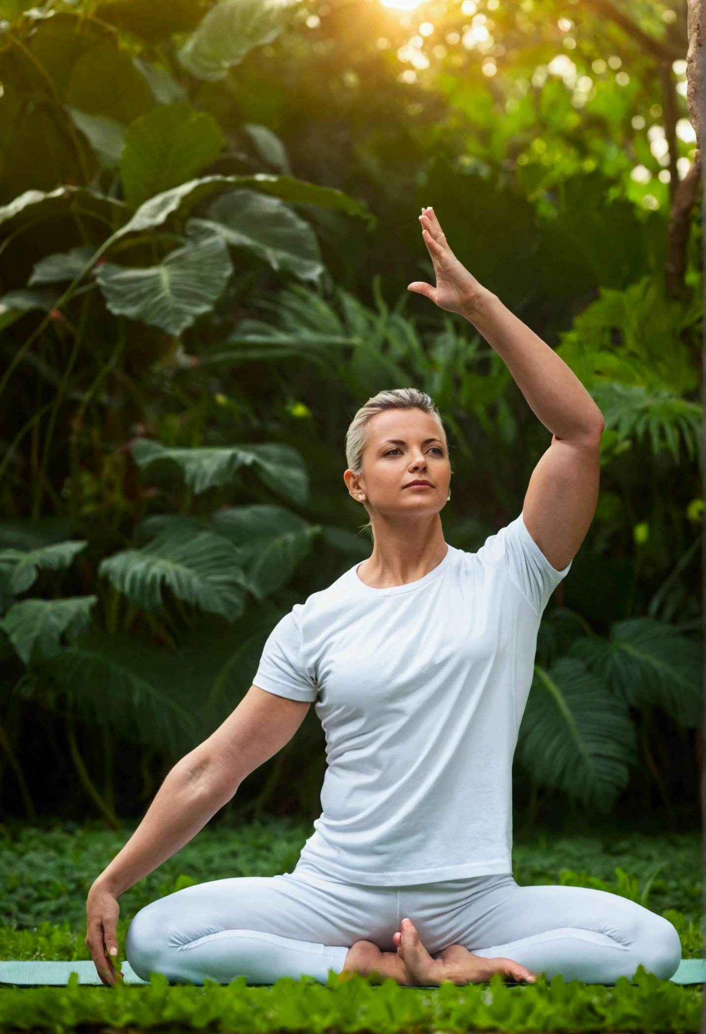 Image of a woman wearing a white tshirt sitting in a meditative pose in nature