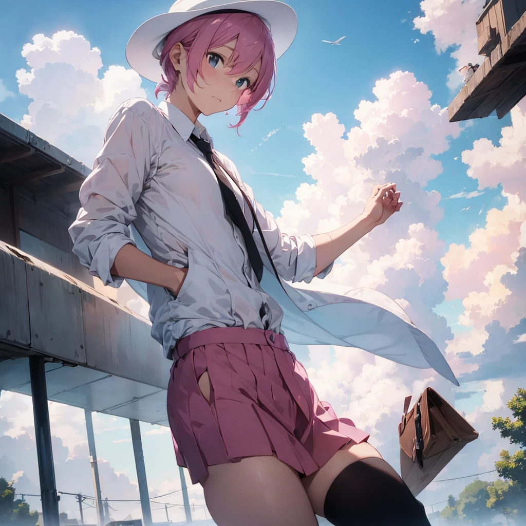 man falling from the sky, pink hair, fedora, white tuxedo clouds, outdoors, from bellow, fog