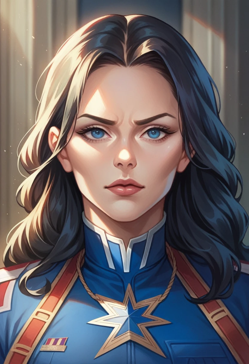 ((Best quality)) , ((Masterpiece)) , (Detailed) ,( Captain America Lady) , perfect body shape, big , black hair, beautiful face, focous on face details, wearing captain America uniform, logo of hydra in the background