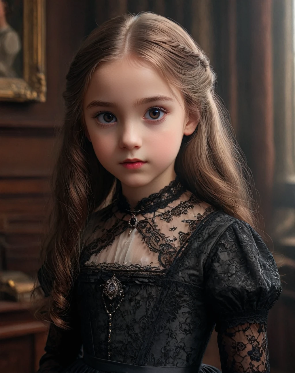 1girl, detailed portrait, young girl, daughter of severus snape, , beautiful black eyes, victorian lady, detailed dress, intricate lace, pale skin, rosy cheeks, long dark hair, ,dark wizardry, (best quality,4k,8k,highres,masterpiece:1.2),ultra-detailed,(realistic,photorealistic,photo-realistic:1.37),digital painting, oil painting, chiaroscuro lighting, dramatic lighting, warm color palette, cinematic composition