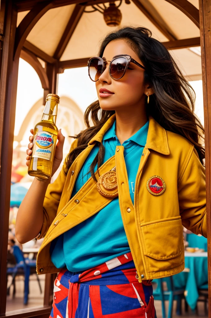 Disney Pixar type post of an empanada with a lot of flow who has sunglasses and a bottle in her hand 