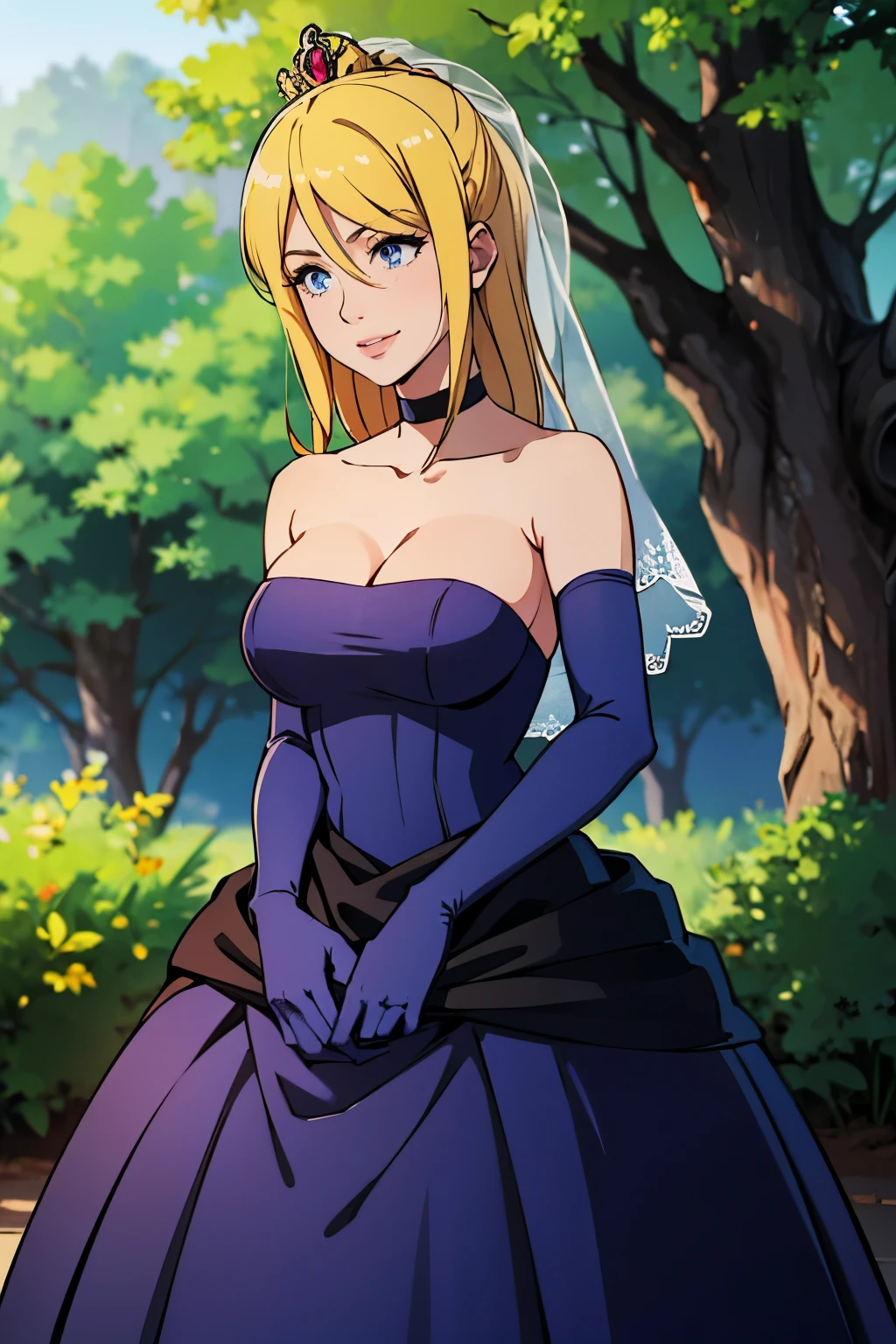 Samus Aran, hair between eyes, ahoge, blonde hair, star \(symbol\), hair ornament, ruffled tulle dress, cleavage, bare shoulders, collarbone, long black elbow gloves, black gloves, blue dress, black choker, strapless, tiara, veil, strapless dress, princess dress, veil, beautiful woman, perfect body, perfect breasts, wearing a princess dress, ball gown, in the park trees, wedding decorations, a warm smile, realism, masterpiece, textured skin, super detail, high detail, high quality, best quality, 1080p, 16k, purple hair