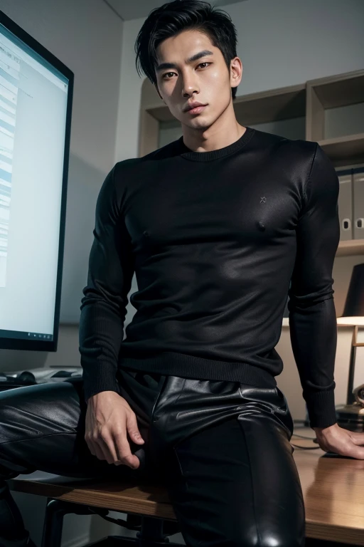 Asian man, handsome, company CEO, in his office, plain black sweater dress, dress pants, black silk stockings and black shiny shoes, seated, with legs open, with a bulge in his pants in the crotch, looking seductively, in a white light