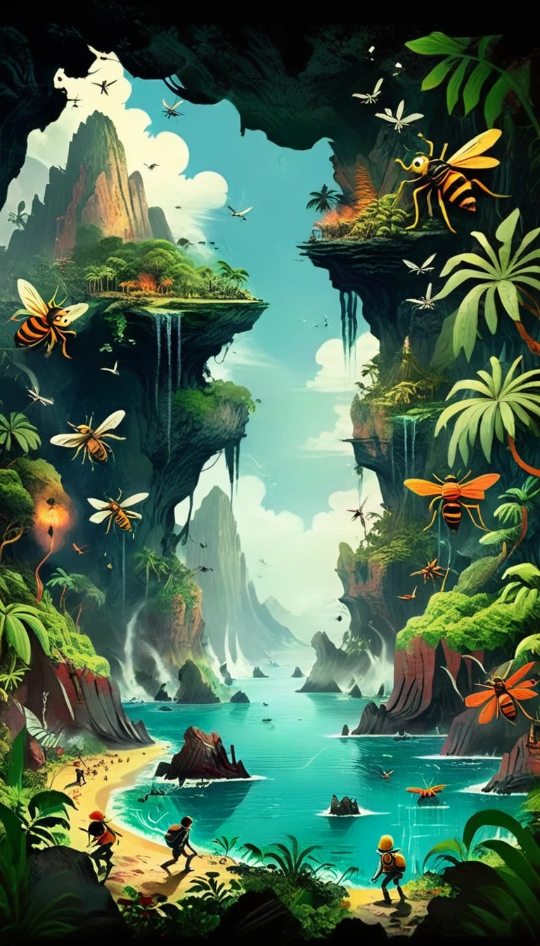 Mysterious Island、Lush tropical vegetation、The towering cliffs、Crashing Waves、ancient ruins、A swarm of giant flying insects、Spaceman、Volcanic eruptions、Shining Crystal、Mysterious atmosphere、Dramatic lighting、Cinematic composition、Calm colors、atmospheric ambience、EdobHorrorLandscape、Children's Illustration Style、vintage comic book