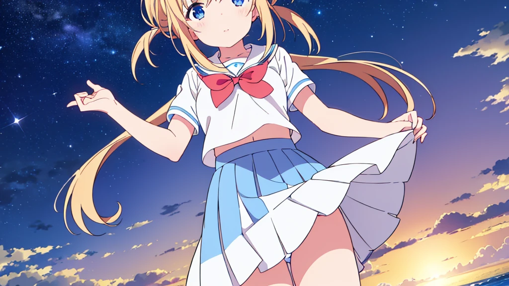 A nice white shirt that lets you see.. 、Light blue flared skirt with ruffles、She lifts her skirt with both hands to show off her pretty white underwear..、Cute white underwear visible when you lift your skirt..、sandy beach, beautiful sea, night and starry sky small breasts 