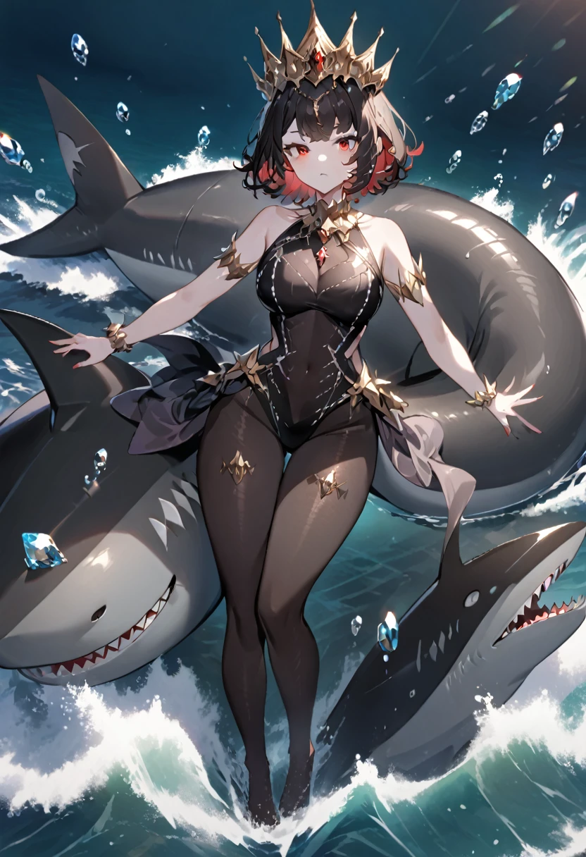 A queen in the sea,short hair,Red eyes,Full figure,Black pantyhose,Jewel swimsuit,Black shark tail
