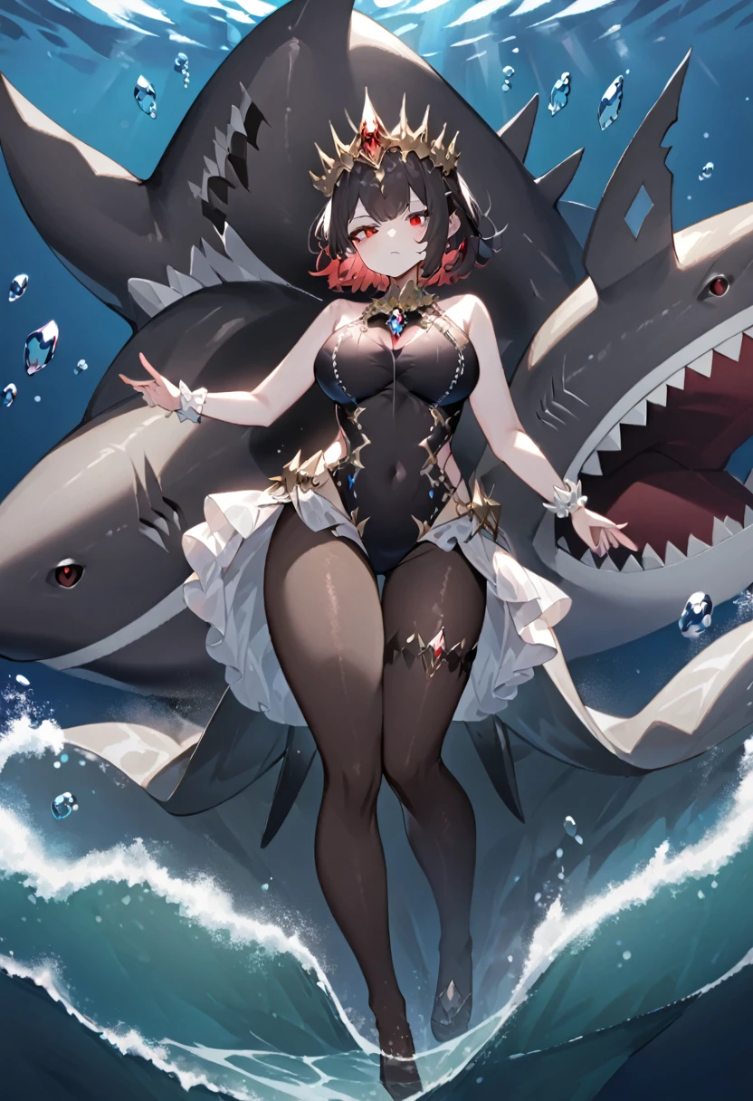 A queen in the sea，short hair，Red eyes，Full figure，Black pantyhose，Jewel swimsuit，Black shark tail