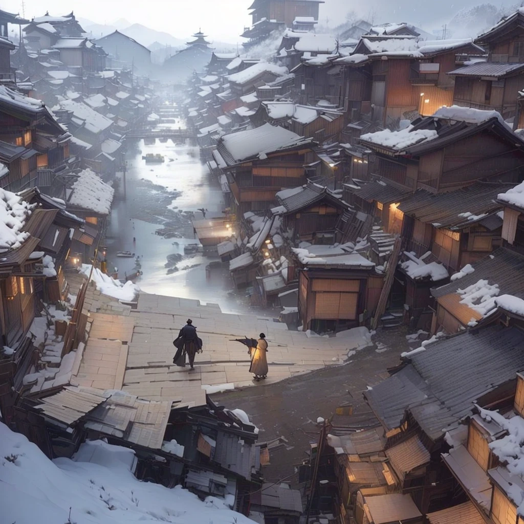 A man stands on a bridge in a village, Traditional Japanese concept art, Japanese Street, sekiro mountain, Ismail Inceoglu and Luan Jia, detailed 4K Concept Art, 4k resolution concept art, Beautiful concept art, Video game concept art, 4K Concept Art, 4K Concept Art, High quality digital concept art, Illustration concept art Blazing flames, fire, crowd, throng, freezing, mother warming her baby.Scenery and Cityscape in the Early Meiji Era After the Meiji Restoration, Japan underwent rapid modernization and civilization. Consequently, many changes and reforms occurred. Below is a detailed explanation of the scenery, appearance of the poor, occupations, and cityscapes in the early Meiji period (1868 to the early 1880s). 2. Appearance of the Poor Life for the impoverished and lower classes remained harsh. In particular, in urban areas, people migrated from rural areas or unemployed artisans gathered, intensifying competition in the labor market. Many of them struggled with poverty, often residing in slums or around temples. 3. Occupations Meiji early Japan witnessed a diversification of occupations. Traditional agriculture and handicrafts were accompanied by the rise of modern industry and commerce. Particularly in urban areas, factory workers, shop clerks, and transporters increased, giving rise to new professions. However, many in these occupations endured harsh working conditions. 4. Influence of Civilization and Enlightenment During the Meiji era, Western cultural influences spread rapidly. Changes in clothing, dietary habits, and the proliferation of Western-style architecture advanced, especially in urban areas. Conversely, this development posed a threat to traditional culture and lifestyles, resulting in societal upheaval and adaptation challenges. 5. Social Change and Policy Influence While promoting modernization policies, the government also addressed poverty and social issues. Legislation for labor protection and charitable activities to aid the poor were implemented. Nevertheless, living conditions for the impoverished scarcely improved. The early Meiji period marked a rapid transfor