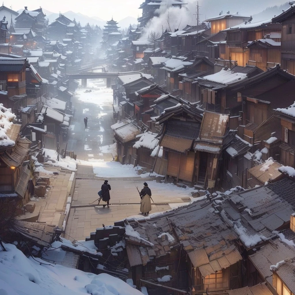 A man stands on a bridge in a village, Traditional Japanese concept art, Japanese Street, sekiro mountain, Ismail Inceoglu and Luan Jia, detailed 4K Concept Art, 4k resolution concept art, Beautiful concept art, Video game concept art, 4K Concept Art, 4K Concept Art, High quality digital concept art, Illustration concept art Blazing flames, fire, crowd, throng, freezing, mother warming her baby.Scenery and Cityscape in the Early Meiji Era After the Meiji Restoration, Japan underwent rapid modernization and civilization. Consequently, many changes and reforms occurred. Below is a detailed explanation of the scenery, appearance of the poor, occupations, and cityscapes in the early Meiji period (1868 to the early 1880s). 2. Appearance of the Poor Life for the impoverished and lower classes remained harsh. In particular, in urban areas, people migrated from rural areas or unemployed artisans gathered, intensifying competition in the labor market. Many of them struggled with poverty, often residing in slums or around temples. 3. Occupations Meiji early Japan witnessed a diversification of occupations. Traditional agriculture and handicrafts were accompanied by the rise of modern industry and commerce. Particularly in urban areas, factory workers, shop clerks, and transporters increased, giving rise to new professions. However, many in these occupations endured harsh working conditions. 4. Influence of Civilization and Enlightenment During the Meiji era, Western cultural influences spread rapidly. Changes in clothing, dietary habits, and the proliferation of Western-style architecture advanced, especially in urban areas. Conversely, this development posed a threat to traditional culture and lifestyles, resulting in societal upheaval and adaptation challenges. 5. Social Change and Policy Influence While promoting modernization policies, the government also addressed poverty and social issues. Legislation for labor protection and charitable activities to aid the poor were implemented. Nevertheless, living conditions for the impoverished scarcely improved. The early Meiji period marked a rapid transfor