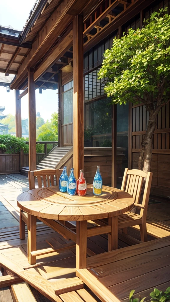 Create an image featuring two traditional Japanese ramune soda bottles with a distinctive shape, placed on a round wooden table. The bottles should have a clear glass texture filled with a carbonated beverage, causing condensation on the exterior. They are capped with a marble stopper, typical of ramune bottles. The setting is outdoors, possibly in a garden or patio area with natural light casting soft shadows and highlighting the refreshing appearance of the chilled drinks.
