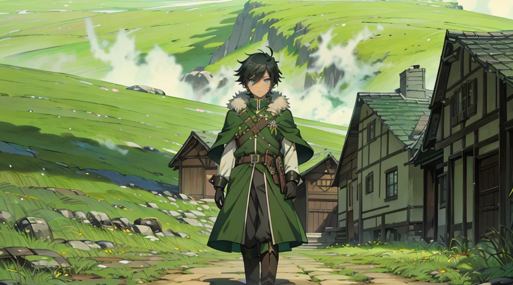 yuichiro hyakuya, (WithoutFear:1), 1 boy, black hair, green eyes, brown coat, gray armor, green shield, green cloak, dark brown gloves, town, white fur trim, tall, anime, standing, good quality, portrait, looking at viewer