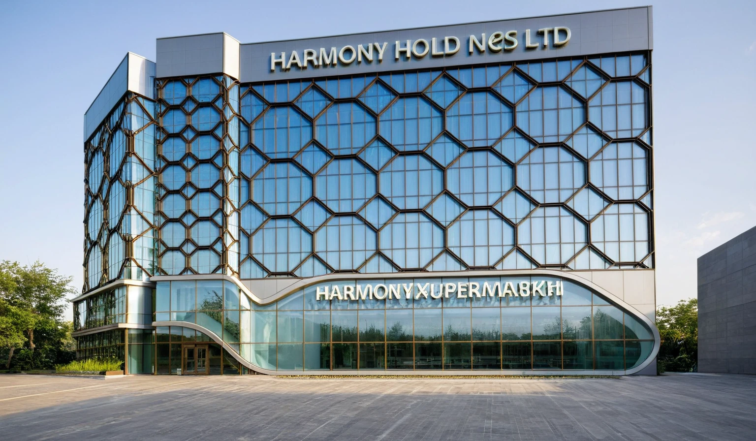 Harmony Holdings Ltd. is a prominent office building situated on a bustling street, teeming with activity. The building stands tall and elegant, with its modern architectural design catching the eyes of passersby. The facade is a blend of glass and steel, reflecting the vibrancy of the city around it. As you approach the building, you notice the well-manicured landscaping that adds a touch of greenery to the urban setting. The entrance is grand, with automatic sliding doors welcoming employees and visitors alike. The lobby is spacious, featuring sleek furnishings and contemporary artwork that creates a professional yet inviting atmosphere. Inside, the office spaces are designed to maximize efficiency and comfort. Large windows allow natural light to flood the rooms, providing a pleasant working environment. The open-plan layout fosters collaboration among team members, while private meeting rooms offer spaces for focused discussions and client meetings, glass wall ,road,pavement, grass, trees, sky, cloud, (daylight:1.1)