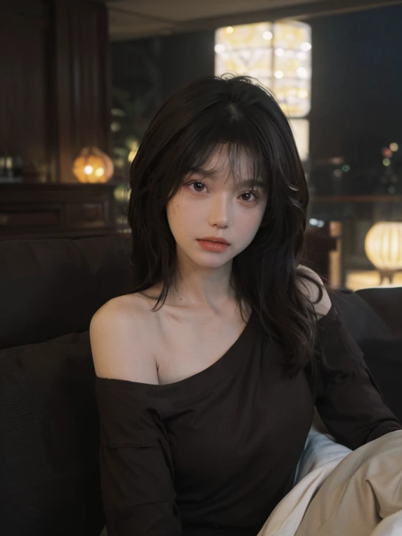((Night view, Real Lighting, best quality, 8K, masterpiece: 1.3)), 1 girl, Beautiful slim woman: 1.4, (Brown hair, Medium breasts: 1.3), Off-shoulder tops: 1.3, sofa, Super detailed face, Exquisite eyes, Double eyelids