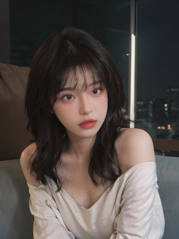 ((Night view, Real Lighting, best quality, 8K, masterpiece: 1.3)), 1 girl, Beautiful slim woman: 1.4, (Brown hair, Medium breasts: 1.3), Off-shoulder tops: 1.3, sofa, Super detailed face, Exquisite eyes, Double eyelids
