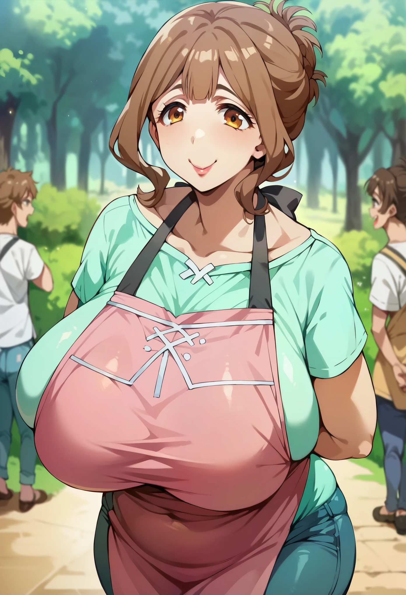 kazami torino,huge breasts,wide hip,thick thighs,plump,mature female,brown hair,updo,lipstick,tareme,light green shirt,pink apron,brue jeans