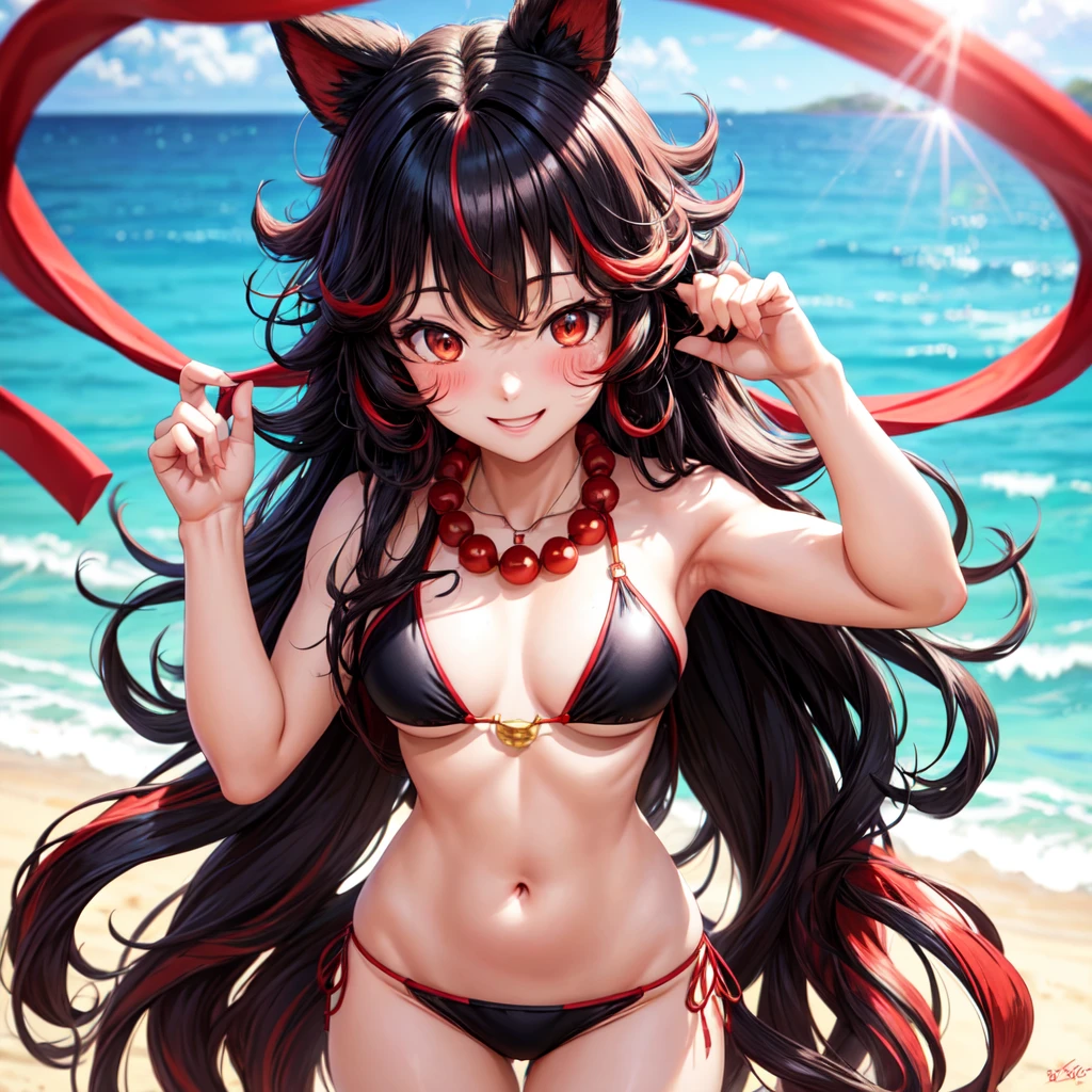 anime panel,upper body, 1girl,solo Korean, black very curly hair with red highlights(long hair), red slanted eyes,bikini, necklace, hair illuminated by sunlight, florest background , blushing, smiling,