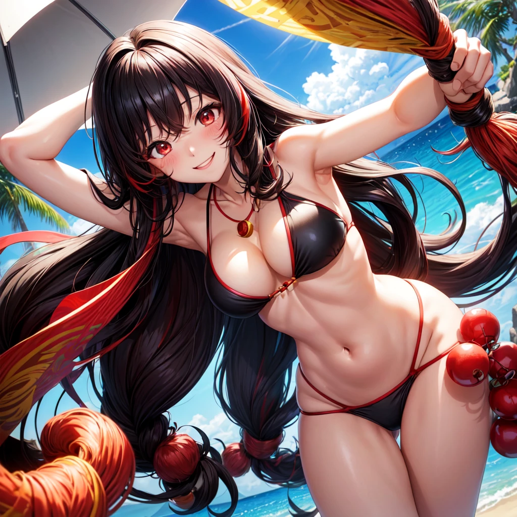anime panel,upper body, 1girl,solo Korean, black very curly hair with red highlights(long hair), red slanted eyes,bikini, necklace, hair illuminated by sunlight, florest background , blushing, smiling,
