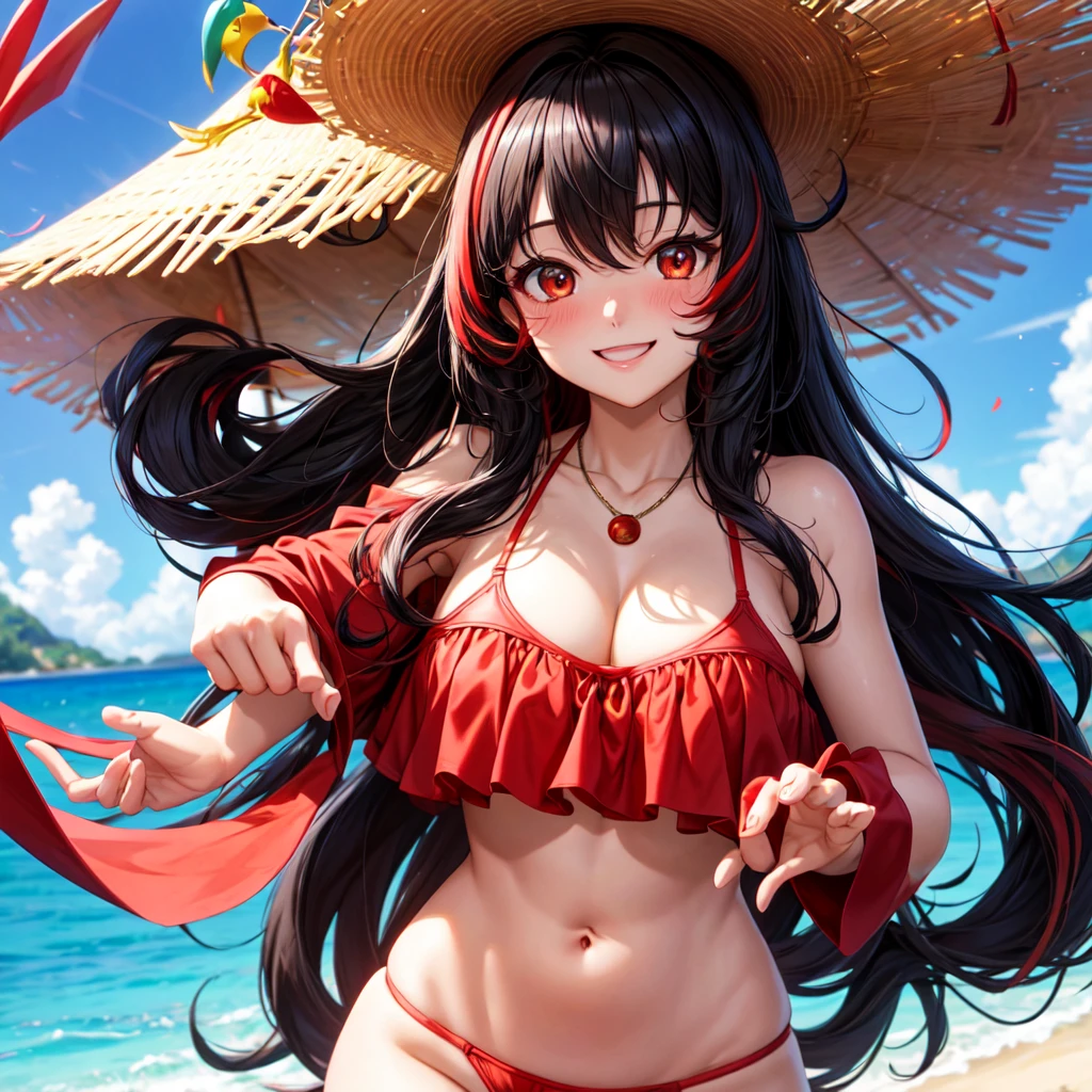 anime panel,upper body, 1girl,solo Korean, black very curly hair with red highlights(long hair), red slanted eyes,bikini, necklace, hair illuminated by sunlight, florest background , blushing, smiling,