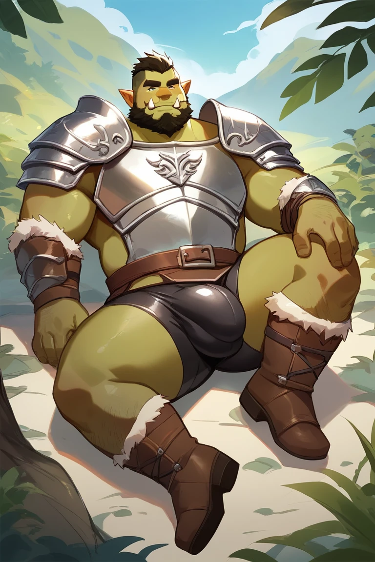 score_9, score_8_up, score_7_up, solo, male focus, chubby male, orc, green skin, tusks, beard, outdoors, micro armor , shoulder armor, breastplate, upper body , pauldrons, day, boots , (( black tight shorts )) , full body , laying spread legs , His body was wet with cum , massive bulge , massive ass