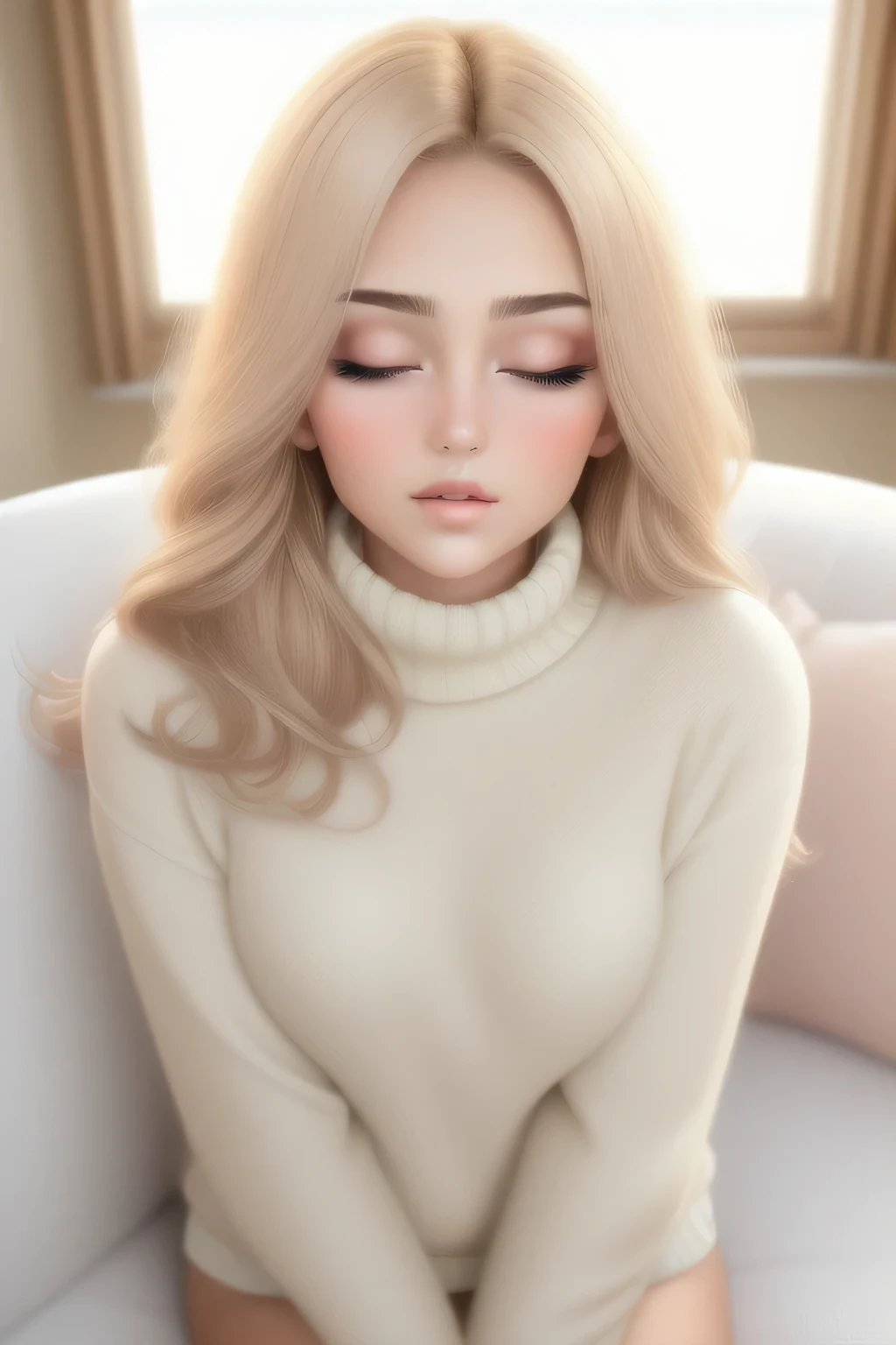 Sexy woman, perfect hair, amazing makeup, seductive gaze, blushing intensely, ready to kiss, long oversized sweater, sitting comfortably on couch, window, natural light beaming through window, beautiful face, seductively gazing at us, very seductively provocative