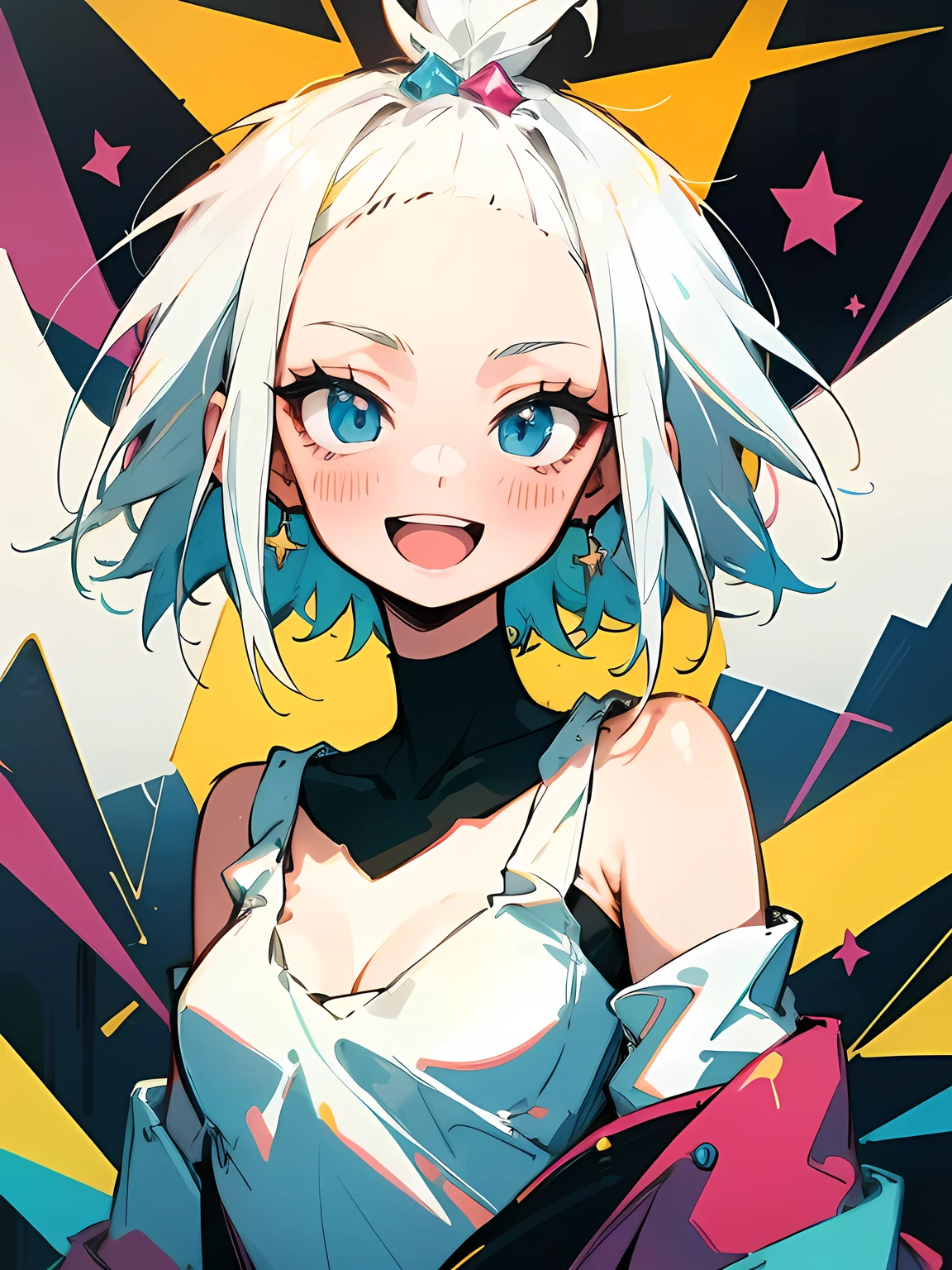 1 girl, ultra high res,visually stunning,beautiful,(abstract art:1.3), magic in the air, medium breasts, blushed, little smile,  blue eyes,short hair, white hair, close up, 50mm, detailed eyes,  look away, hair on the wind, boke, young woman, Roxie_pokemon, 
off the shoulder tops, (teeth:0.5), masterpiece, colorful, detailed hair, stars on the background,masterpiece, best quality, solo,
cleavage, open mouth slightly, (white_tops:1.8),