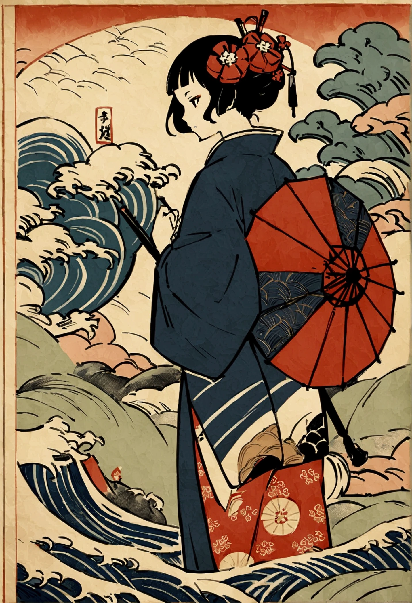 Highest quality,Ukiyo-e,ukiyoe,hokusai&#39;style,A woman with an umbrella in the distance、Back view、