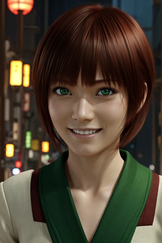 Tokyo revengers screenshot, girl with short reddish straight hair with bangs, He has light green eyes,has a happy expression, He is wearing Tenjiku's uniform.,in the background there are ruppongui's xalk3s