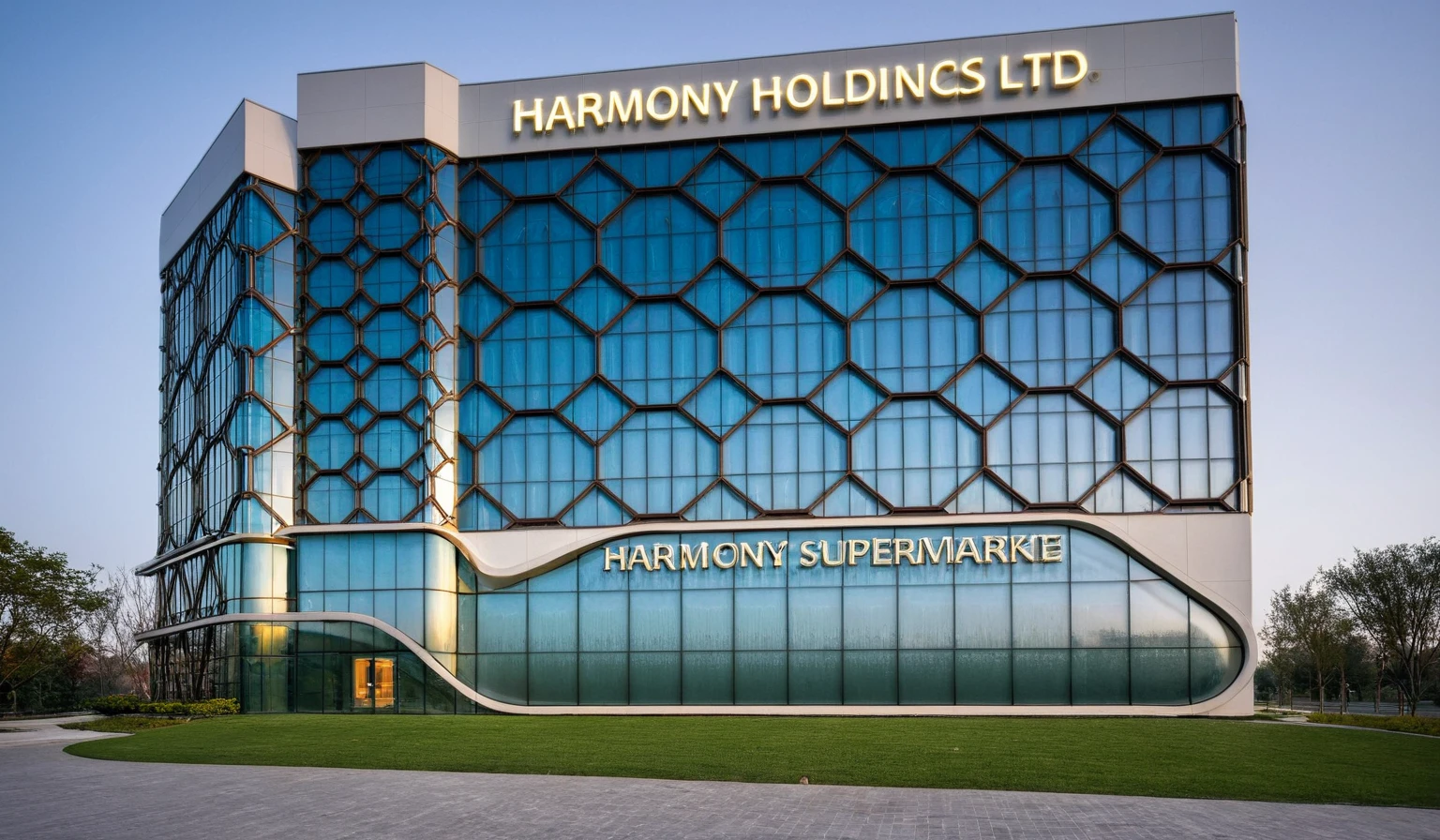 Harmony Holdings Ltd. is a prominent office building situated on a bustling street, teeming with activity. The building stands tall and elegant, with its modern architectural design catching the eyes of passersby. The facade is a blend of glass and steel, reflecting the vibrancy of the city around it. As you approach the building, you notice the well-manicured landscaping that adds a touch of greenery to the urban setting. The entrance is grand, with automatic sliding doors welcoming employees and visitors alike. The lobby is spacious, featuring sleek furnishings and contemporary artwork that creates a professional yet inviting atmosphere. Inside, the office spaces are designed to maximize efficiency and comfort. Large windows allow natural light to flood the rooms, providing a pleasant working environment. The open-plan layout fosters collaboration among team members, while private meeting rooms offer spaces for focused discussions and client meetings, glass wall ,road,pavement, grass, trees, sky, cloud, (nightlight:1.1)