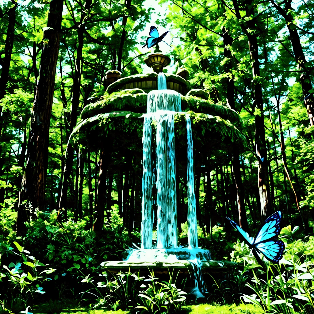 rainbowcolored multiglowing fountain of youth in the deep green forest, from below, rainbowcolored glowing butterfly, cinematic angle, realistic, hyper-realistic, photorealistic, (best quality,4k,8k,highres,masterpiece:1.2),ultra-detailed,(realistic,photorealistic,photo-realistic:1.37),vivid colors,dramatic lighting,