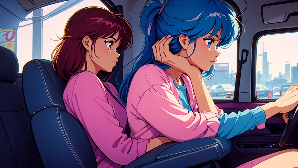 One beautiful energetic woman、sitting in the passenger seat of a car、８０Retro anime style of the 1980s、Vivid colors、Image of a woman from inside a car、profile、Sensual、
