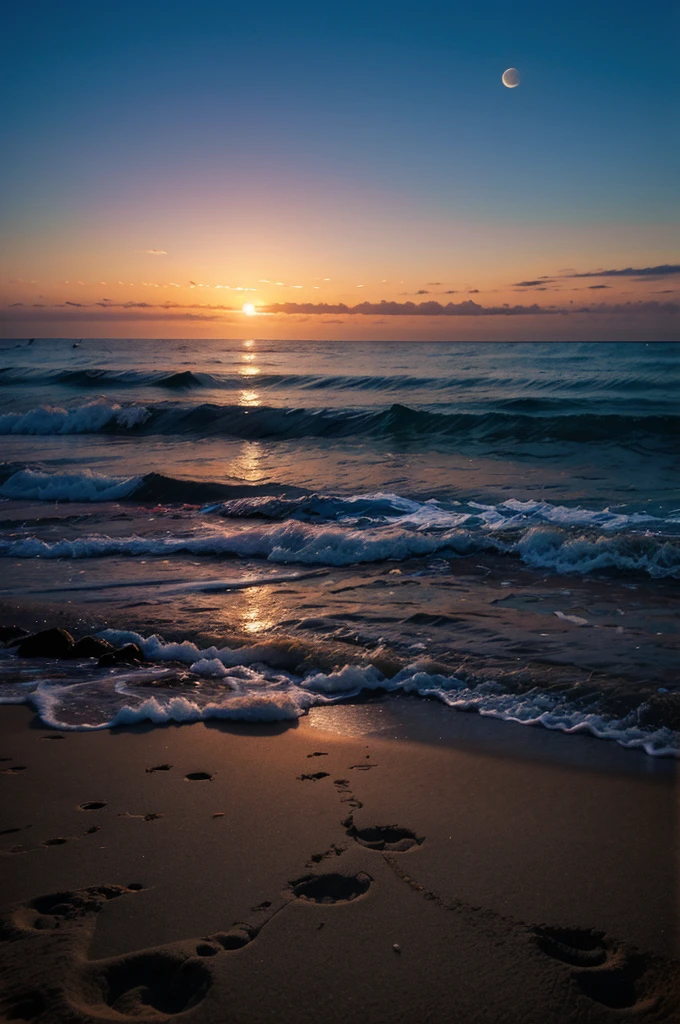 Beach background at sunset, full moon about to appear, magical fairy colors
