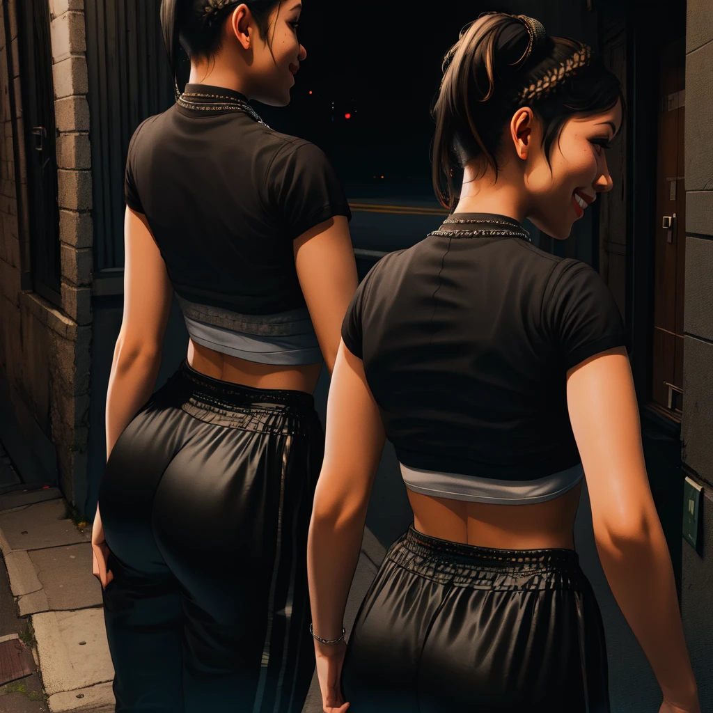Chitose,black hair,brown eyes,short hair,ponytail,braids,short sleeves,
crop top, showing rear,black pants,necklace,street,night,alley, smile,
(insanely detailed,masterpiece, best quality)solo,1girl
