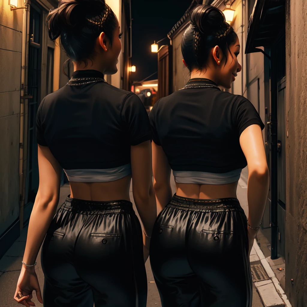 Chitose,black hair,brown eyes,short hair,ponytail,braids,short sleeves,
crop top, showing rear,black pants,necklace,street,night,alley, smile, 
(insanely detailed,masterpiece, best quality)solo,1girl