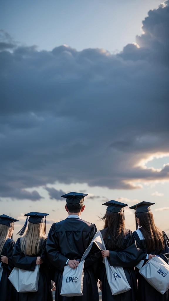 Image of graduates throwing away their hats and not seeing their faces, young people 