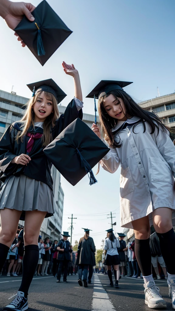 Image of graduates throwing away their hats and not seeing their faces, young people