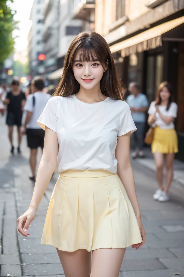 ((best quality, 8k, masterpiece :1.3)), 1 girl, smiling, whole body, face slimming, pretty Woman, (Dark brown hair), wear yeloow white tshirt and short skirt:1.1, Super detailed faces, delicate eyes, double eyelids, blurred background, face slimming, City, external, street,