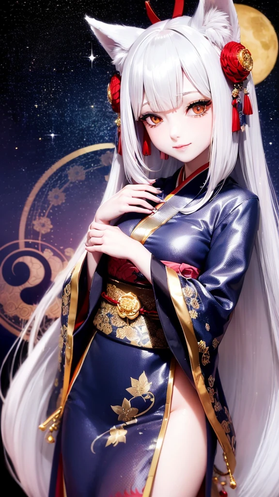 Kitsune girl,hime cut,silver eyes,gold darkblue and red tones japanese cloth, geisha dress theme sun&moon , traditional japanese , long white hair,silver fox ears, have kitsune tail, beautiful woman, silver eyes, elegant, young adult beautiful,night , starry night,sexy eyes,flirting,smile, erotic,nude, royal charm